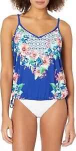 Traje de baño Tankini 24th & Ocean para mujer con corbata lateral, azul/tropical S 1343 - Imagen 1 de 3
