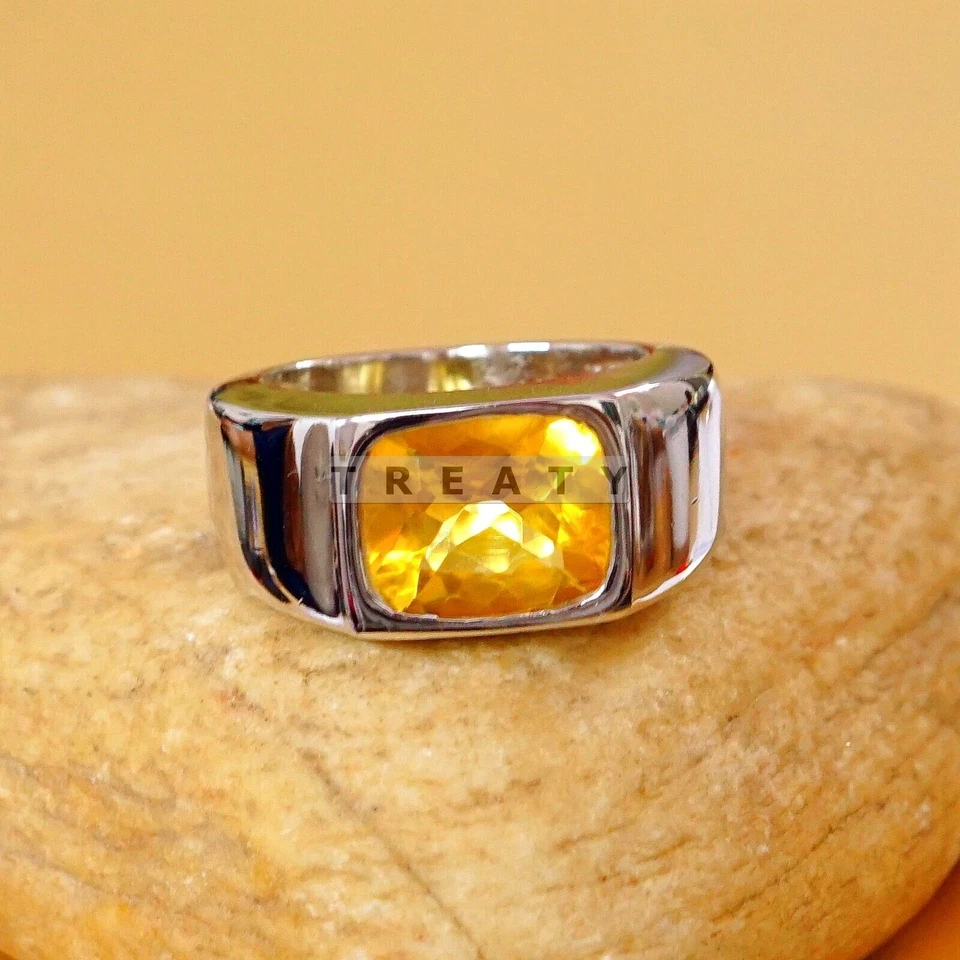 Cojín de citrino corte con anillo chapado en oro de plata de ley 925 para hombre #B793 * Foto 1 de 4