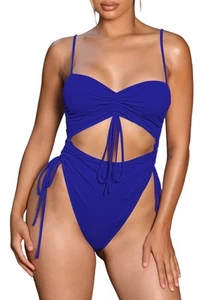 Women's Drawstring Cut Out One Piece Swimsuit Cheeky Bathing Suit Monokini Bl... - Picture 1 of 6