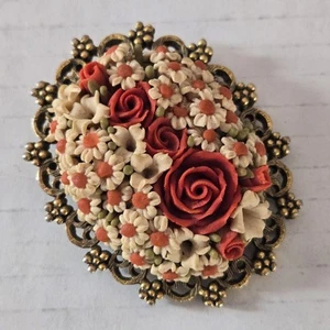 Vtg Rose Bouquet Celluloid Brooch Gold-Tone Filigree Art Deco Sculpted Floral - Picture 1 of 8