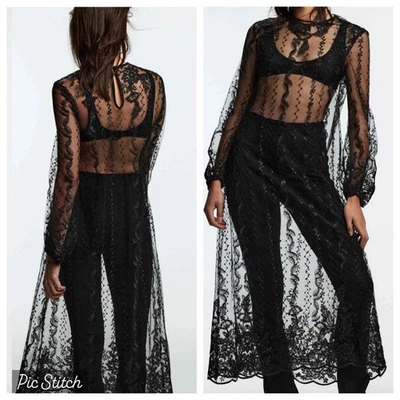 Zara L Black Embroidered Sequined Net Tulle Mesh Midi Overdress - Image 1 of 4