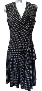 Elle Women's M Black & White Polka Dot Faux Wrap Flounce Tiered Jersey Dress - Picture 1 of 13