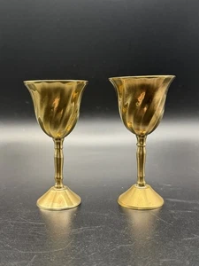 Vintage Brass Cordial Goblet Shot Glasses India 3.75” Swirl Cup Set Of 2 - Picture 1 of 6