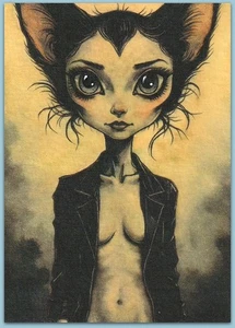 ACEO watercolor painting - kitty cat sexy cute girl woman surreal - Picture 1 of 1