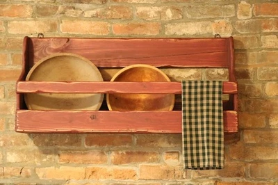 Primitive Handmade Wood Cubby Wall Box Distressed Burgundy Red Bowl Rack Cabin - Image 1 of 4