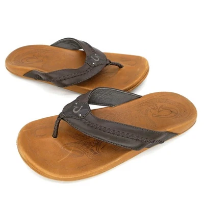 Мужские пляжные сандалии-шлепанцы Olukai 9 M Mea Ola темно-яванские коричневые кожаные стринги - Изображение 1 из 4