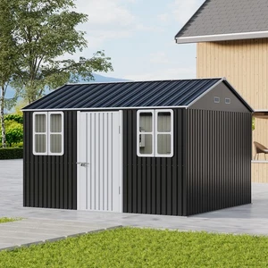 12 x 10FT Galvanised Garden Tool Storage Shed with Lockable Door, Double Windows - Picture 1 of 20