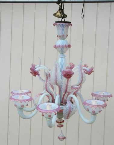 Gorgeous Venetian MURANO handblown pink glass Chandelier 6 arms 1970 Italy Cover