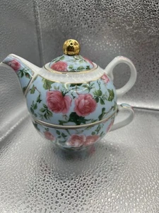 Vintage Tea For One Tea Pot Pink Roses Floral Gold Porcelain - Picture 1 of 11