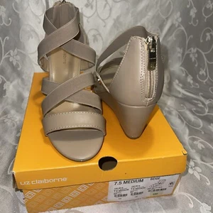 NEW ~ Liz Claiborne LC Rhodes Wedge Sandals Beige Back Zip Sz 7.5 - Picture 1 of 9
