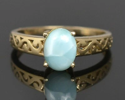 14K Solid Yellow Gold Natural Larimar Gemstone March Birthstone Engagement Ring - Image 1 of 4
