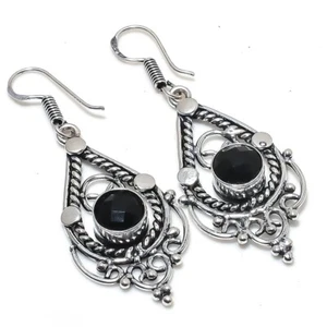 Black Spinel Gemstone Handmade 925 Starling Silver Jewelry Earring Size 2" - Picture 1 of 1