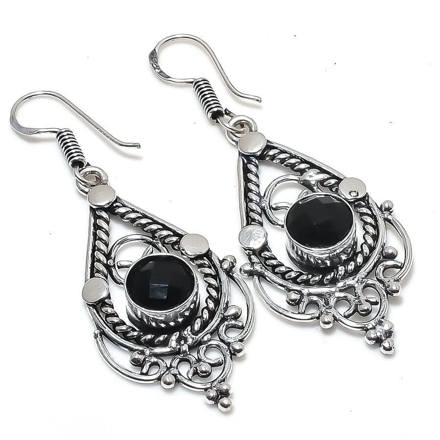 Black Spinel Gemstone Handmade 925 Starling Silver Jewelry Earring Size 2" - Image 1 of 1