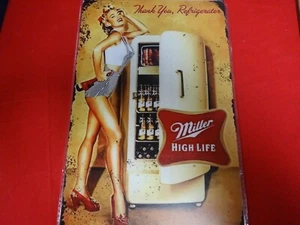 Miller Bierdose Metall sexy Pinup Mädchen Poster Schild Irish Bar Pub rustikaler Look - Bild 1 von 1