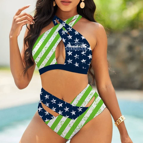 Seattle Seahawks Womens Crisscross Bikini Set High Waist Swimsuit Beach Swimwear Cover