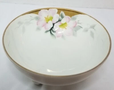 Antique Nippon 3 Footed Bowl, Pink Flowers, Gilded - Image 1 of 4