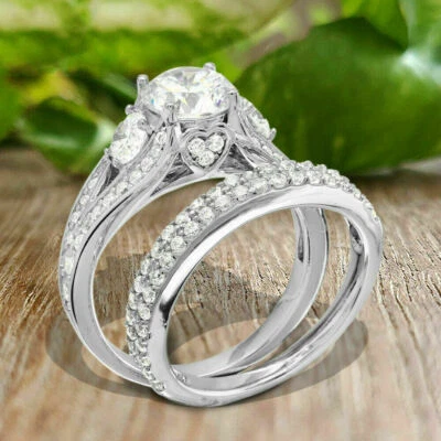 1.76Ct White Round Cut CZ Stone Engagement Wedding Ring Set Solid 14K White Gold - Image 1 of 3