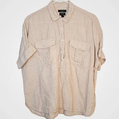 Camisa J Crew Baird McNutt Irlandesa Lino Rayas Manga Corta Mujer 12 Tostado Relajado Foto 1 de 4