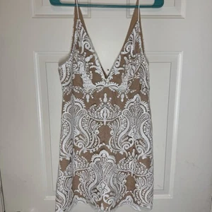 Free People Night Shimmers Cream Combo Sequin V-Neck Dress Size 6 - Picture 1 of 9