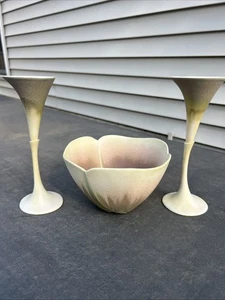 Retired Newman Ceramic Works Cala Lily Porcelain Flutes & Petal Bowl- Stamp/Sign - Picture 1 of 14