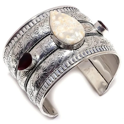 Bracciale in argento sterling 925 con pietra preziosa topazio fumé e corallo ... - Immagine 1 di 4