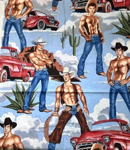 Alexander Henry “Wranglers” Fabric Western Sexy Pin-up Cowboy 2005 OOP VTG 45x32 - Picture 1 of 5