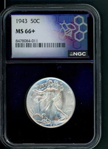 US 1943 PHILADELPHIA WALKING LIBERTY SILVER HALF DOLLAR NGC MS 66+ A525 - Picture 1 of 2