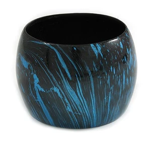 Oversized Chunky Wide Wood Bangle in Metallic Blue/ Black - Medium - Picture 1 of 6