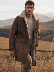 Men’s Shearling Suede Leather Coat - B3 Aviator Bomber Jacket, Winter Warm Heavy - Picture 1 of 6