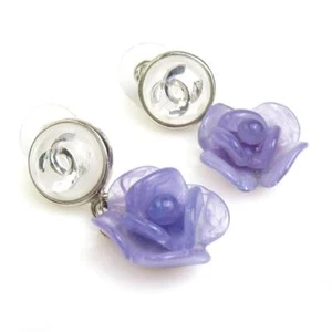 CHANEL Authentic Earrings Coco Mark Camellia Metal Resin Silver Purple VN02 - Picture 1 of 5