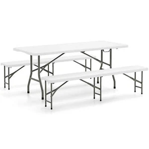 3 PCS Folding Picnic Table Set w/6 ft Table & 2 Benches HDPE Tabletop Bench Top - Picture 1 of 9