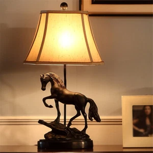 Classic Traditional Horse Base Desk Light Country Fabric Shade Study Table Lamp - Picture 1 of 6