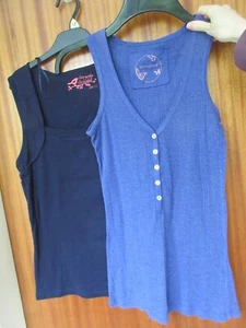 Two Blue Sleeveless Tank Tops - Navy Square Neck - BHS, Blue V-Neck - Primark - Picture 1 of 17