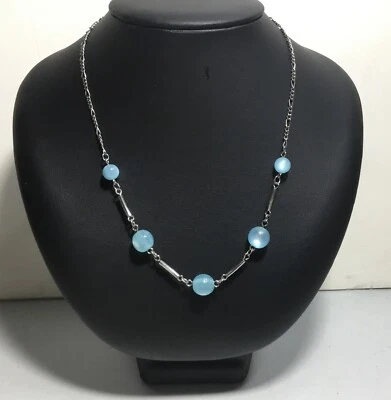 Ожерелье восточного бренда, синее, термореактивные бусины moonglow серебристого тона цепочка Figaro 18" - Изображение 1 из 4