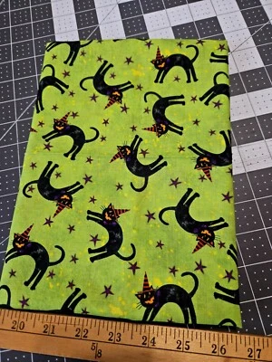 Vintage Susan Winget Halloween Fabric Black Cats Stars Lime Green 28" - Image 1 of 4