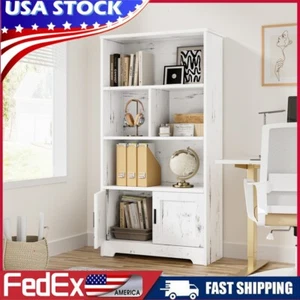 LED Bookshelf with Doors Large Storage Cabinet Display Shelf Wood Bookcase White - Picture 1 of 10