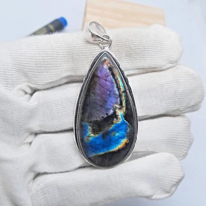 Ciondolo in argento sterling 925 pietra preziosa labradorite blu viola gioiello 2,5" - Foto 1 di 5
