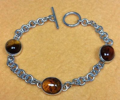 Pulseira fina vintage de prata esterlina 925/pedra preciosa âmbar 7” - Imagem 1 de 4