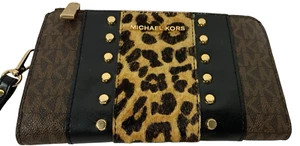 Michael Kors Womens Brown Leather & Fur Clutch Wristlet Handbag with gold Trim - Picture 1 of 9