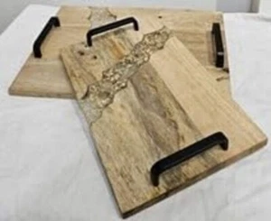 Wood & Resin Tray with Black Handle Kitcheware Gift for Home Kitchen 36X25X5 CM - Picture 1 of 1