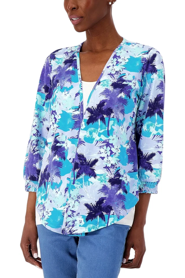 Denim & Co. Cárdigan abierto jersey favorito estampado con Smocking BlueMulti Foto 1 de 1