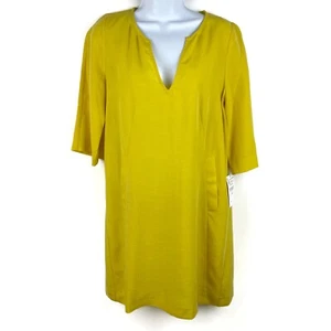 ZARA Dress Size Small Yellow Knee Length Shift V Neck Short Sleeve Tencel - Picture 1 of 11