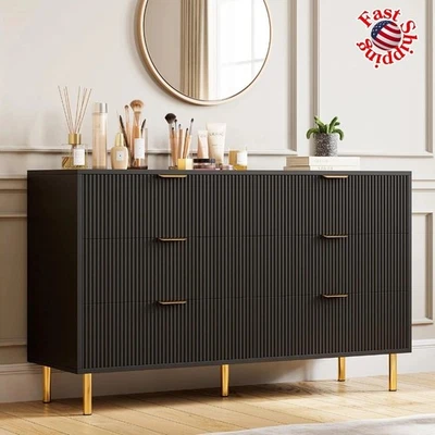 Cómoda moderna de 6 cajones con asas doradas cómoda de madera negra para almacenamiento en dormitorio Foto 1 de 4