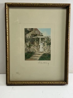 Vintage signed Wallace Nutting, Woman in white dress, garden,frame 9 5/8 x 7 5/8 - Image 1 of 3