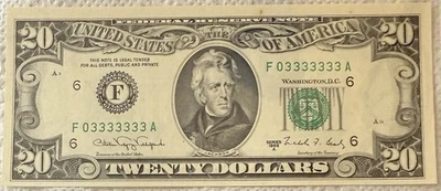 UNC 1988A $20 DOLLAR NEAR SOLID 03333333 FANCY SERIAL NUMBER NOTE PAPER MONEY - Image 1 of 2