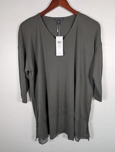 Eileen Fisher Shirt Womens Large Stretch Silk V-Neck Green F6GK-T3949M - Picture 1 of 11
