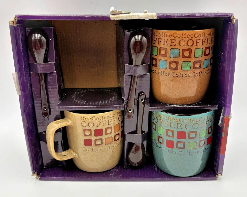 Gibson Mr. COFFEE Café Americano 14 Oz. Mug Set Stoneware 6 Pieces, 3 Mugs Spoon - Image 1 of 4