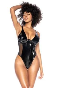 Sexy schwarze Vinyl Bügel Tauchausschnitt Body Dessous - Bild 1 von 6