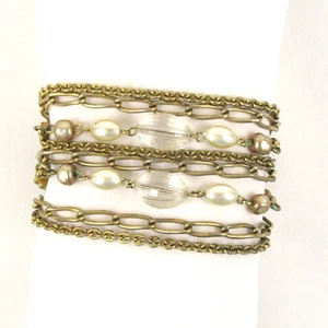 Vintage multi strand chain beaded bracelet gold tone faux pearl 1960s - Picture 1 of 5