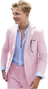 Seersucker Leisure Boy‘s Suits Summer Beach Casual Quick Dry Wedding Two Pieces - Picture 1 of 18